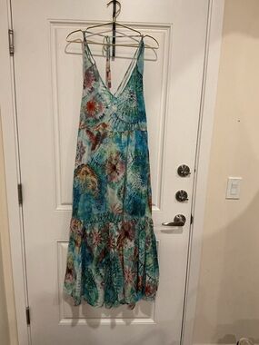 TRUE DESTINATION Teal Floral V-Neck Maxi Dress with Adjustable Straps